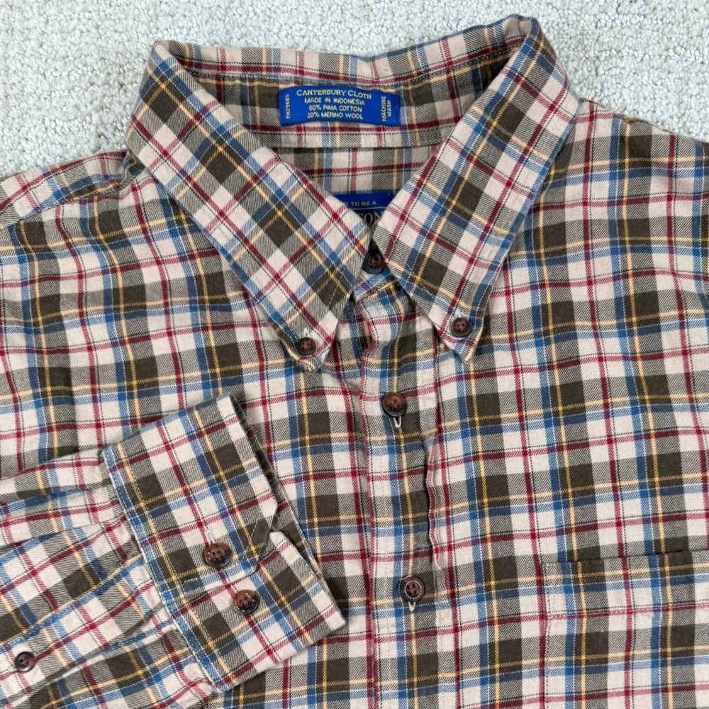 Pendleton Mens XL Beige Plaid Canterbury Cloth Cotton Wool Blend Button Down